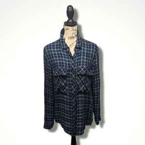 Flannel plaid button down shirt navy & green by A. Andrews large zipper